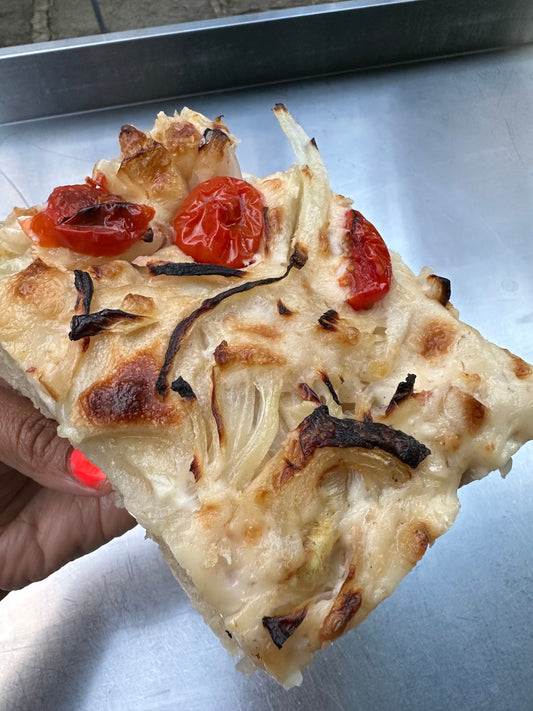 Vegan Two-Day Focaccia with Mozzarella, Onions & Cherry Tomatoes - Casadei Foods